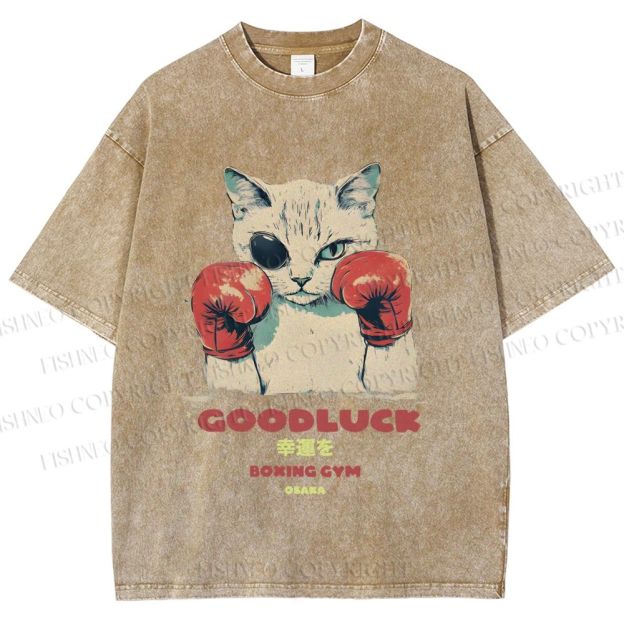 Unisex Fight Club Boxing Cat Printed Washed Tee
