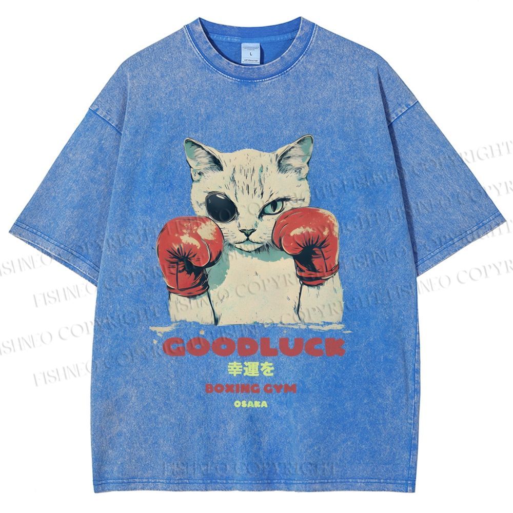Unisex Fight Club Boxing Cat Printed Washed Tee