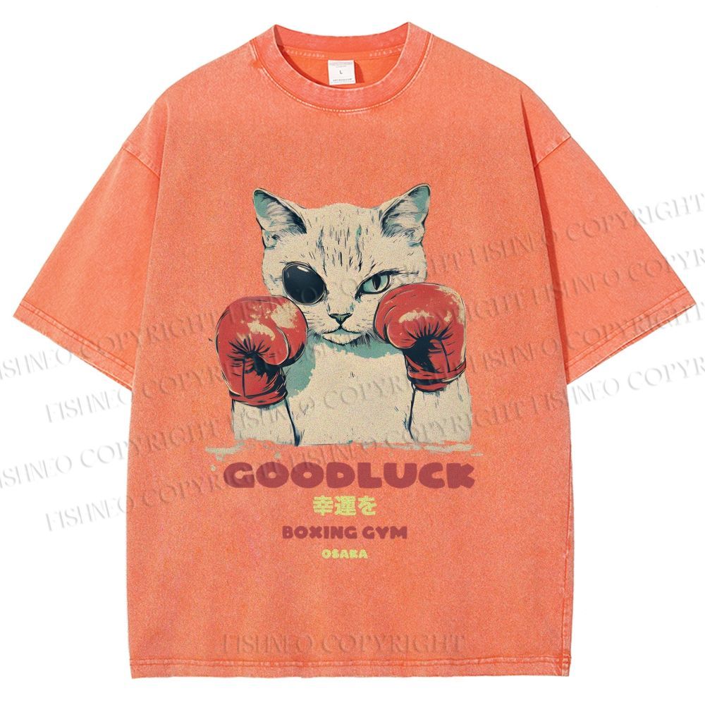 Unisex Fight Club Boxing Cat Printed Washed Tee