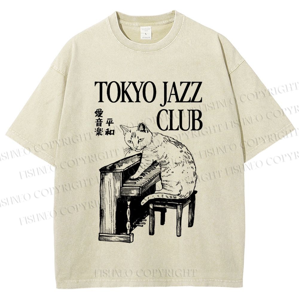 Unisex Jazz Club Cat Play Piano Printed Washed Tee
