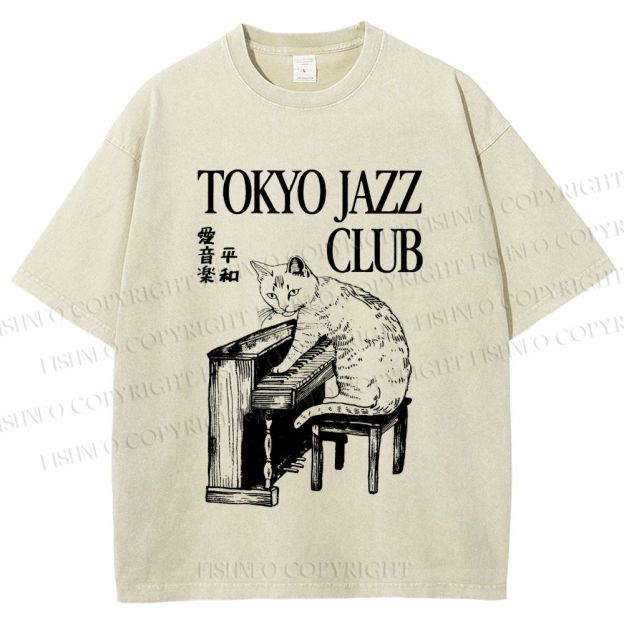 Unisex Jazz Club Cat Play Piano Printed Washed Tee