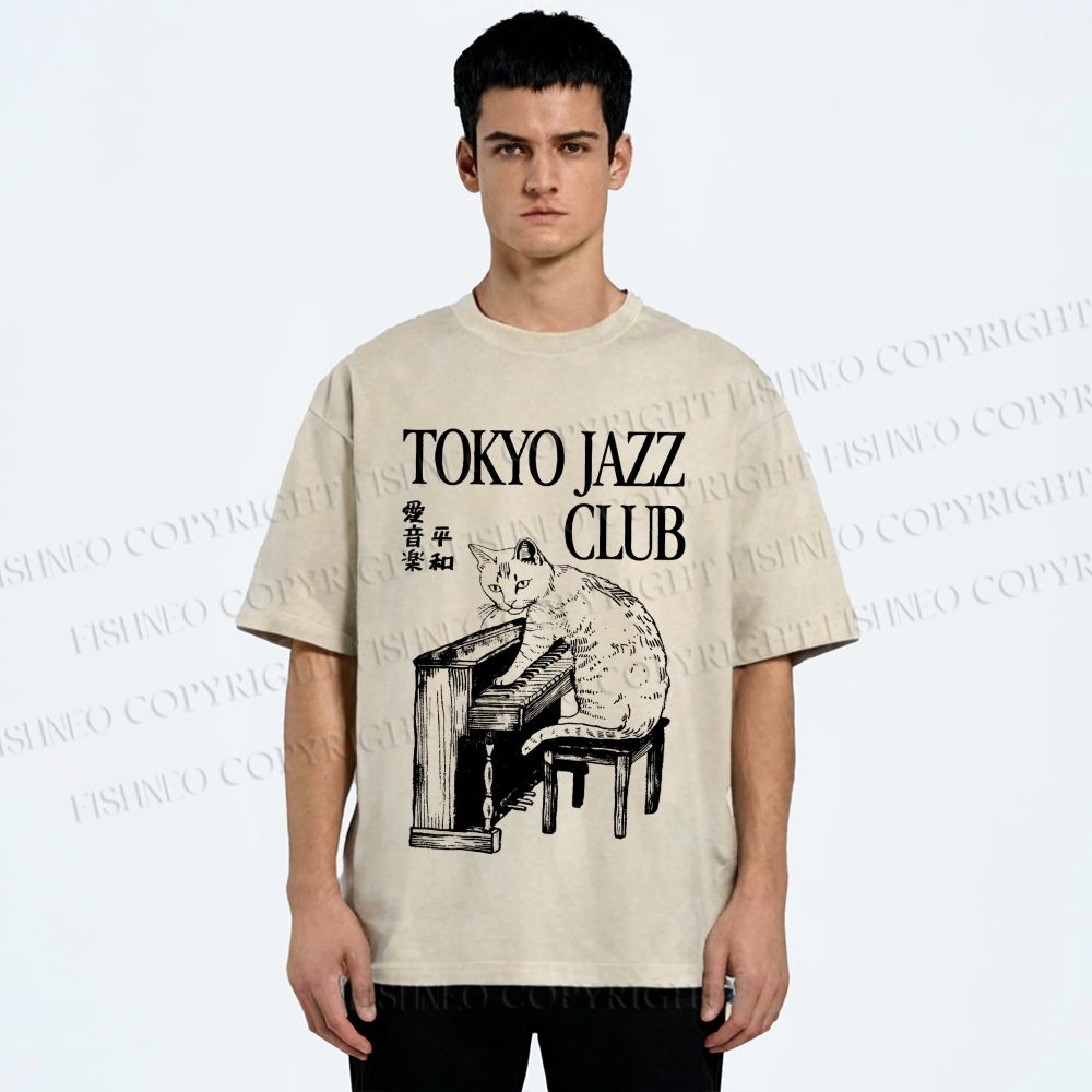 Unisex Jazz Club Cat Play Piano Printed Washed Tee