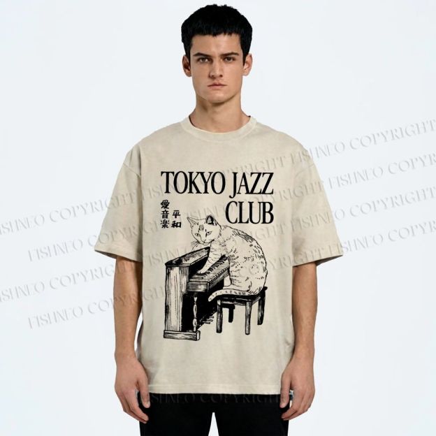 Unisex Jazz Club Cat Play Piano Printed Washed Tee