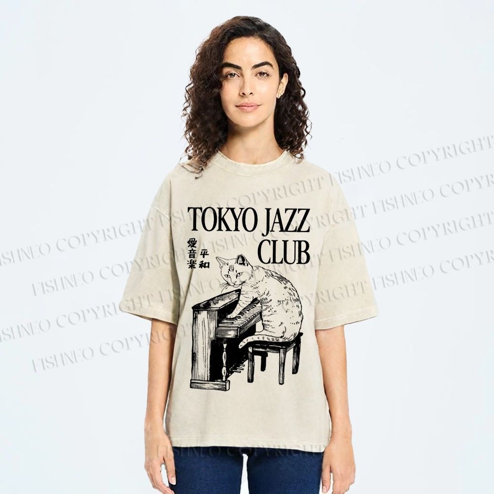 Unisex Jazz Club Cat Play Piano Printed Washed Tee