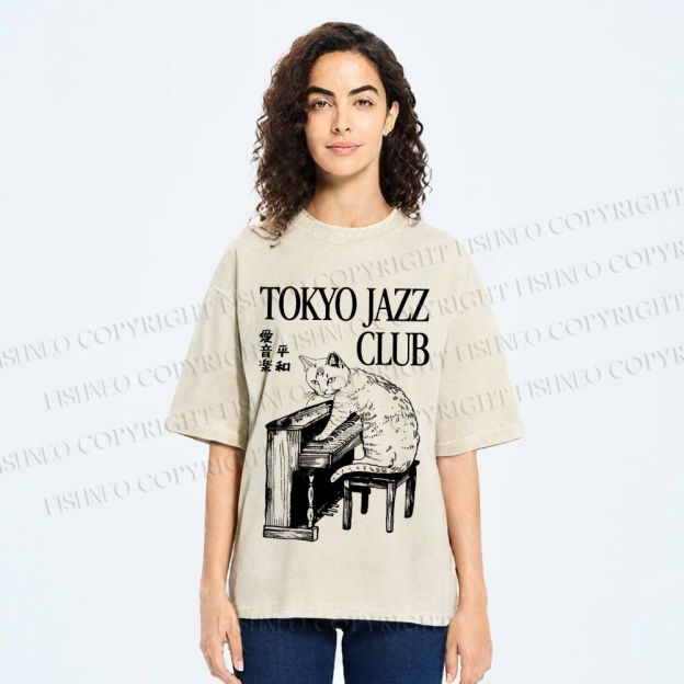 Unisex Jazz Club Cat Play Piano Printed Washed Tee