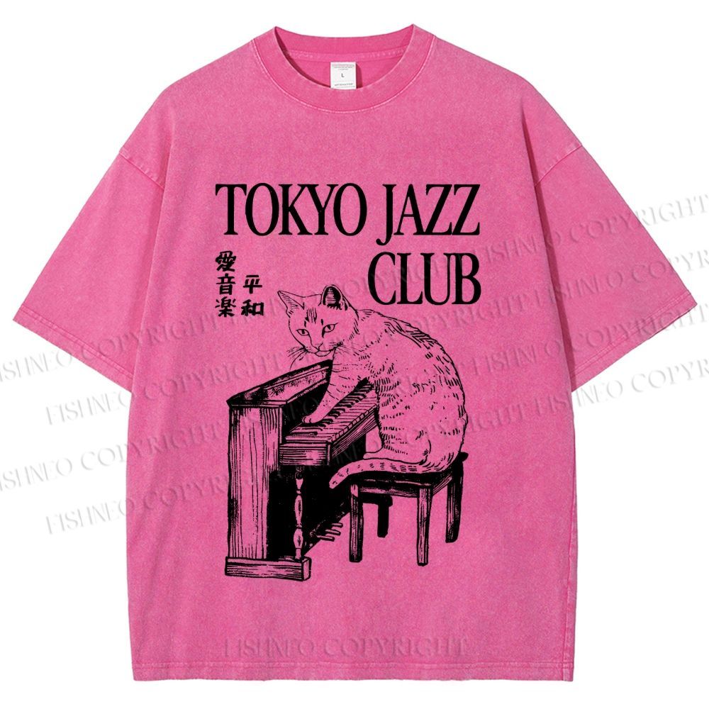 Unisex Jazz Club Cat Play Piano Printed Washed Tee