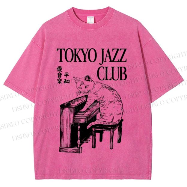 Unisex Jazz Club Cat Play Piano Printed Washed Tee