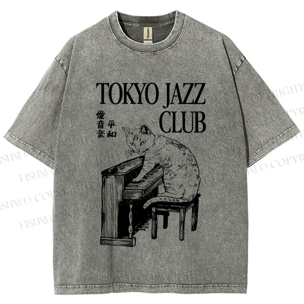 Unisex Jazz Club Cat Play Piano Printed Washed Tee