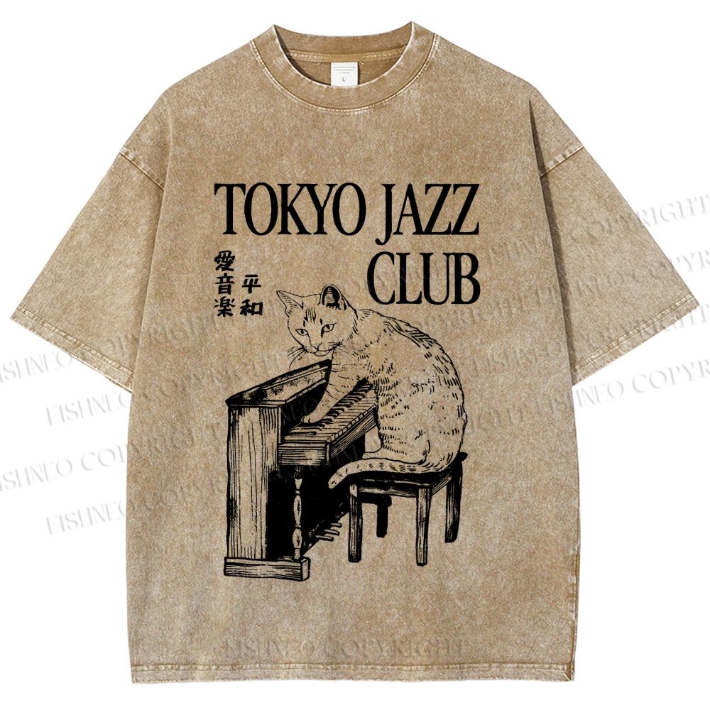 Unisex Jazz Club Cat Play Piano Printed Washed Tee