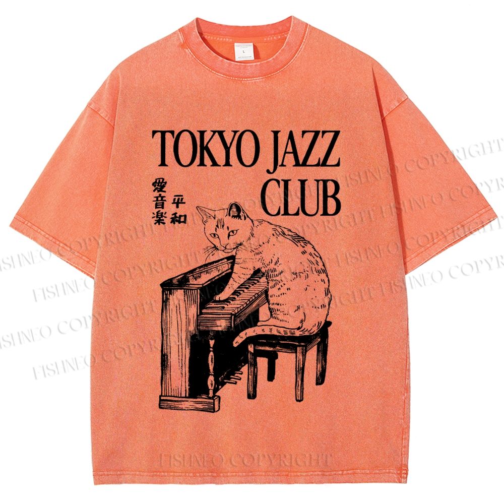 Unisex Jazz Club Cat Play Piano Printed Washed Tee
