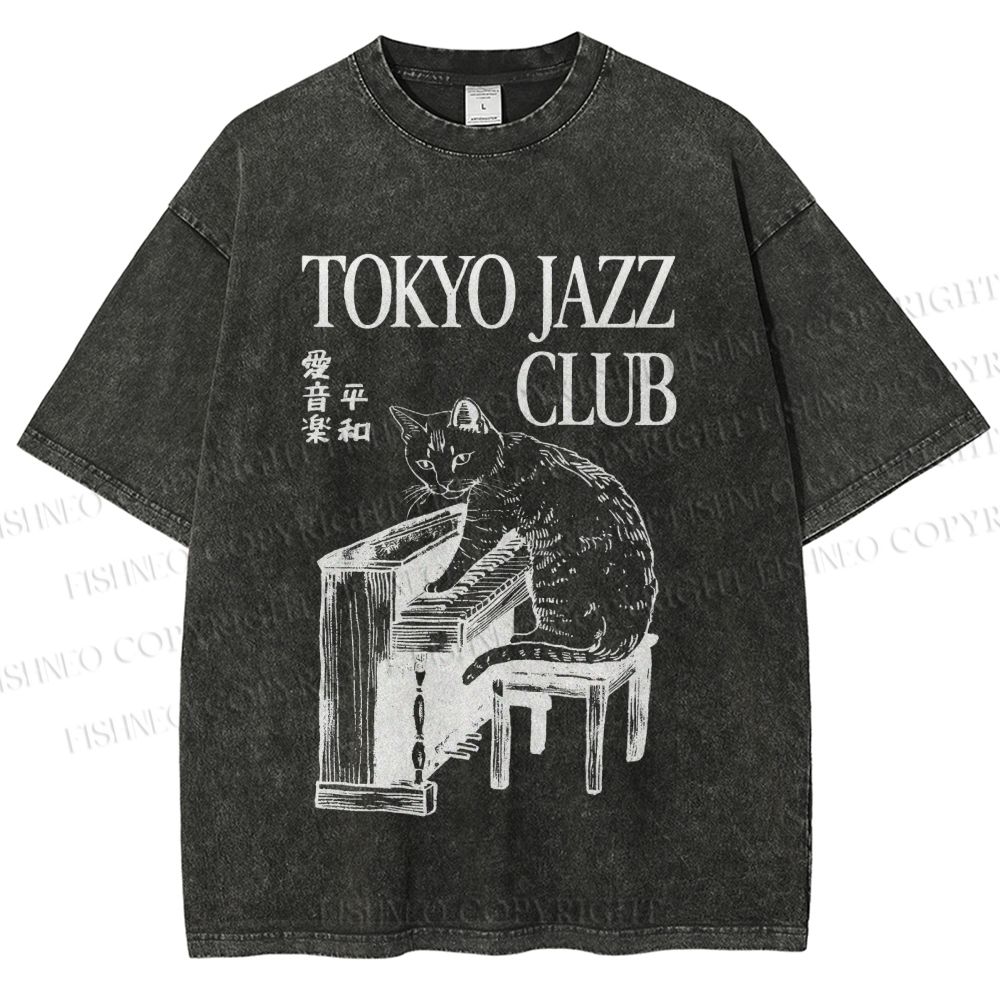 Unisex Jazz Club Cat Play Piano Printed Washed Tee