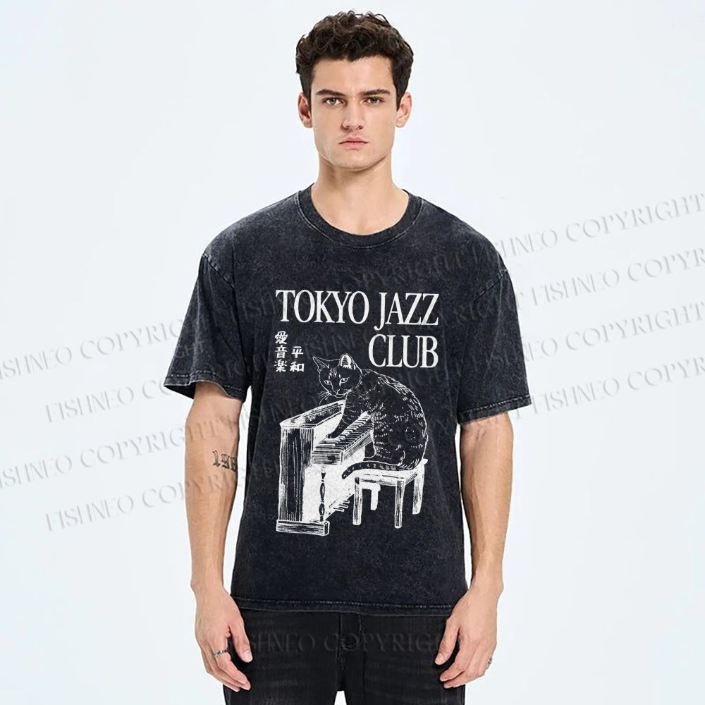 Unisex Jazz Club Cat Play Piano Printed Washed Tee