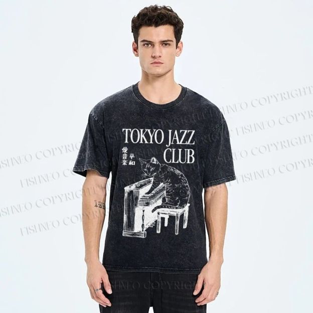 Unisex Jazz Club Cat Play Piano Printed Washed Tee
