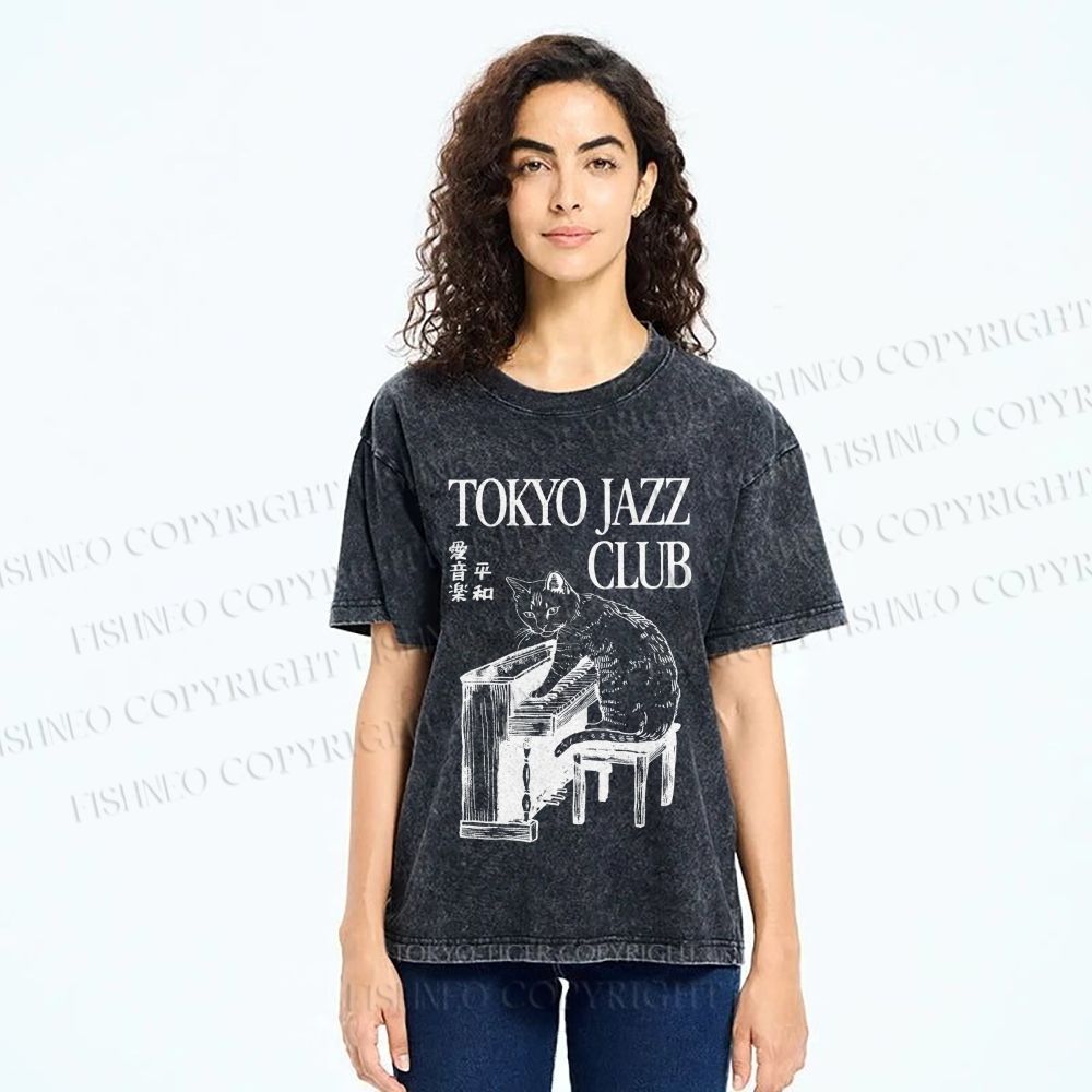 Unisex Jazz Club Cat Play Piano Printed Washed Tee