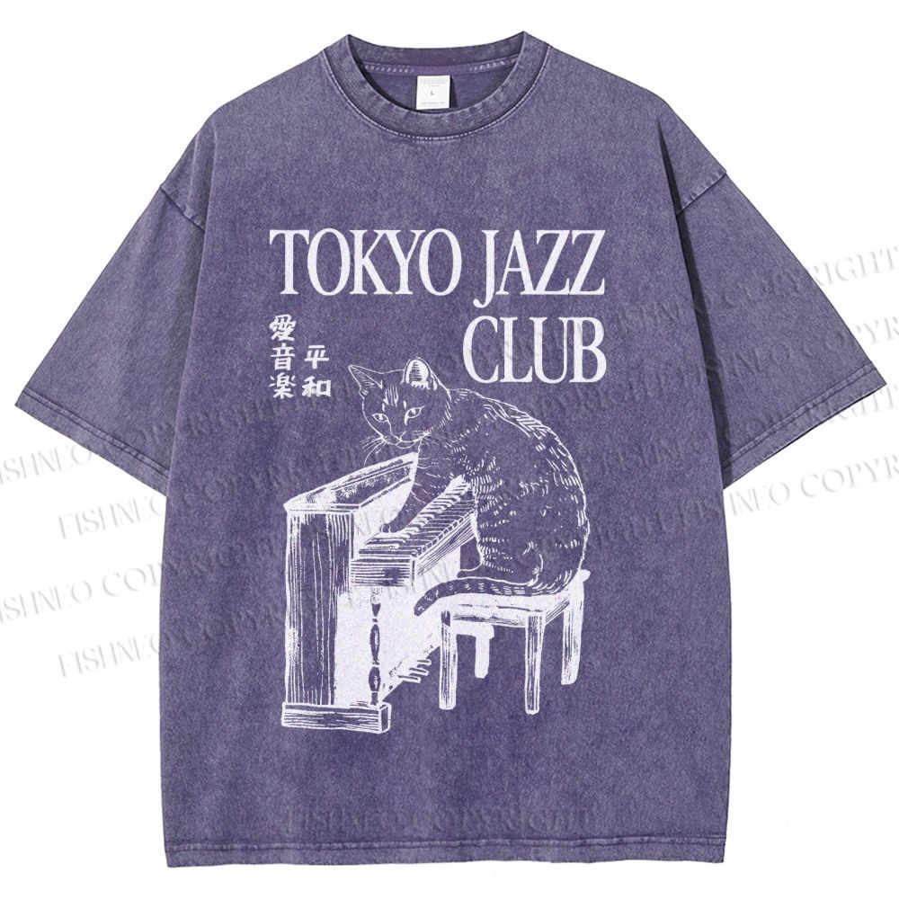 Unisex Jazz Club Cat Play Piano Printed Washed Tee