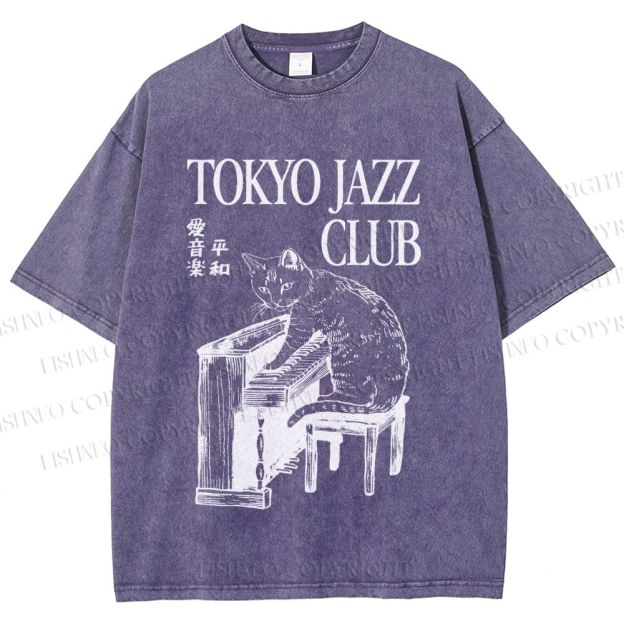 Unisex Jazz Club Cat Play Piano Printed Washed Tee