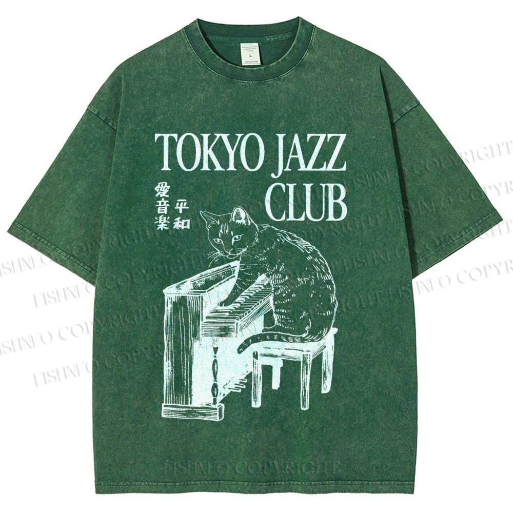 Unisex Jazz Club Cat Play Piano Printed Washed Tee