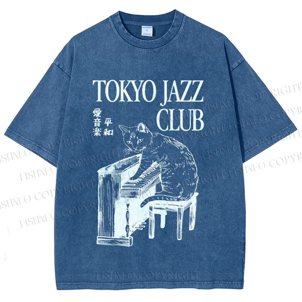 Unisex Jazz Club Cat Play Piano Printed Washed Tee