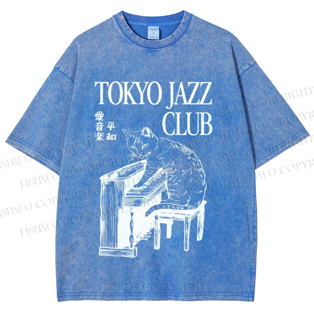 Unisex Jazz Club Cat Play Piano Printed Washed Tee