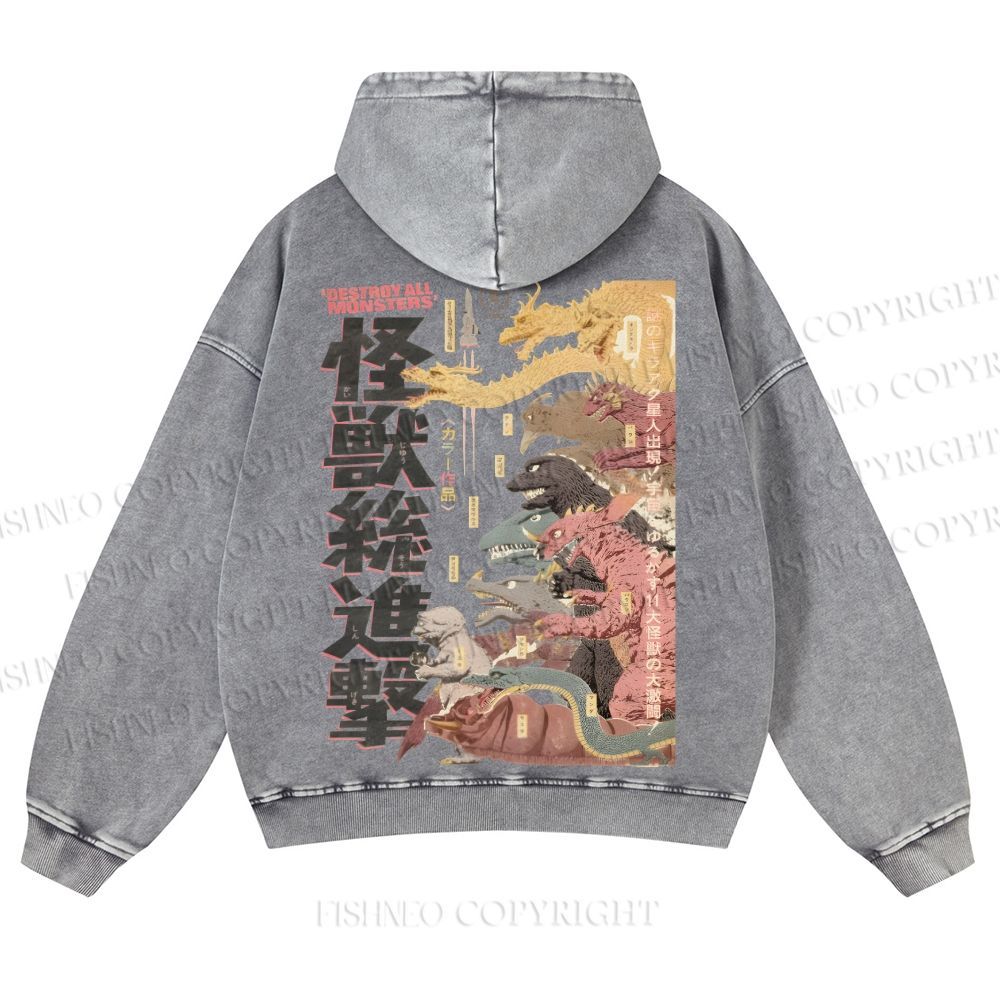 Destroy All Monsters Godzilla Vintage Casual Washed Hoodie