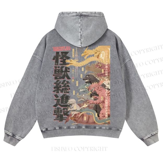 Destroy All Monsters Godzilla Vintage Casual Washed Hoodie