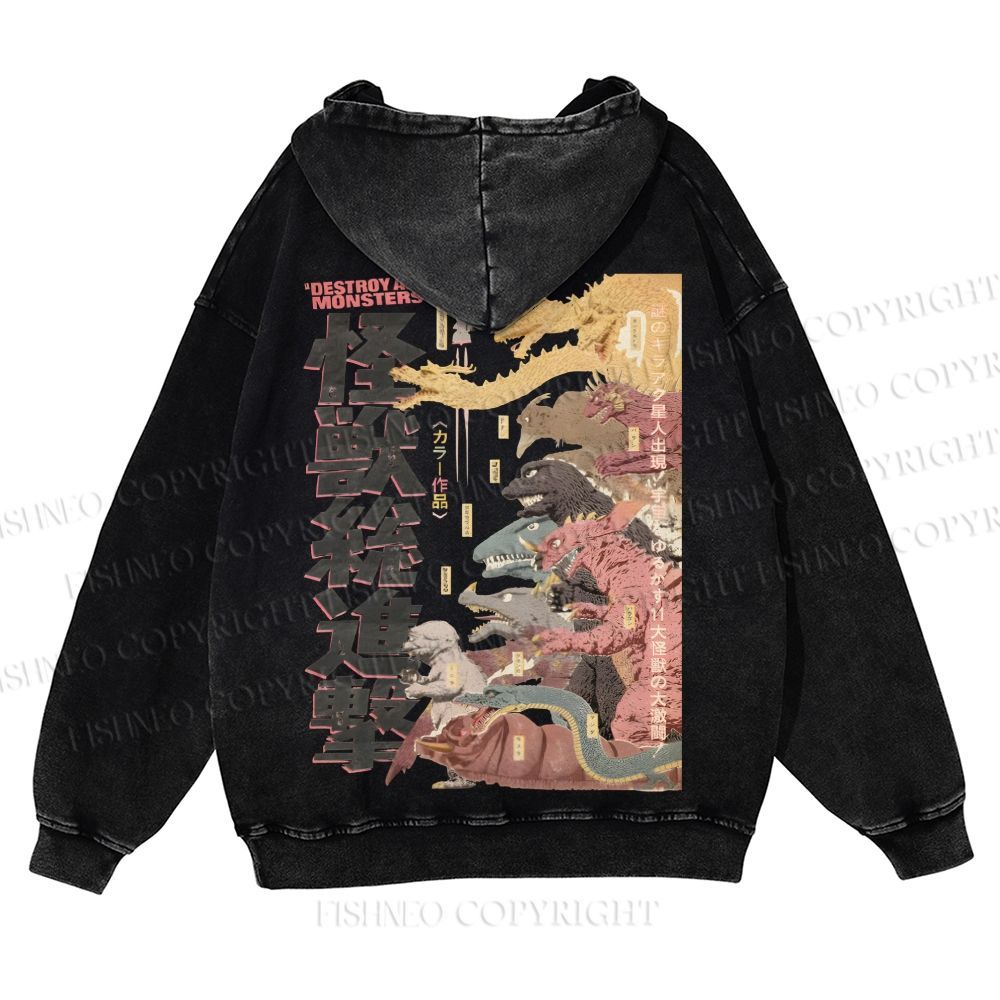 Destroy All Monsters Godzilla Vintage Casual Washed Hoodie