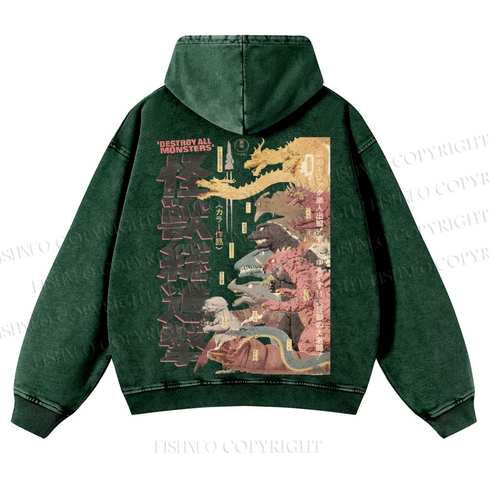 Destroy All Monsters Godzilla Vintage Casual Washed Hoodie