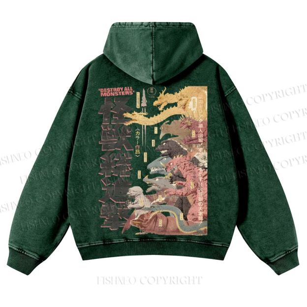 Destroy All Monsters Godzilla Vintage Casual Washed Hoodie
