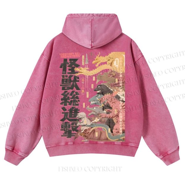 Destroy All Monsters Godzilla Vintage Casual Washed Hoodie