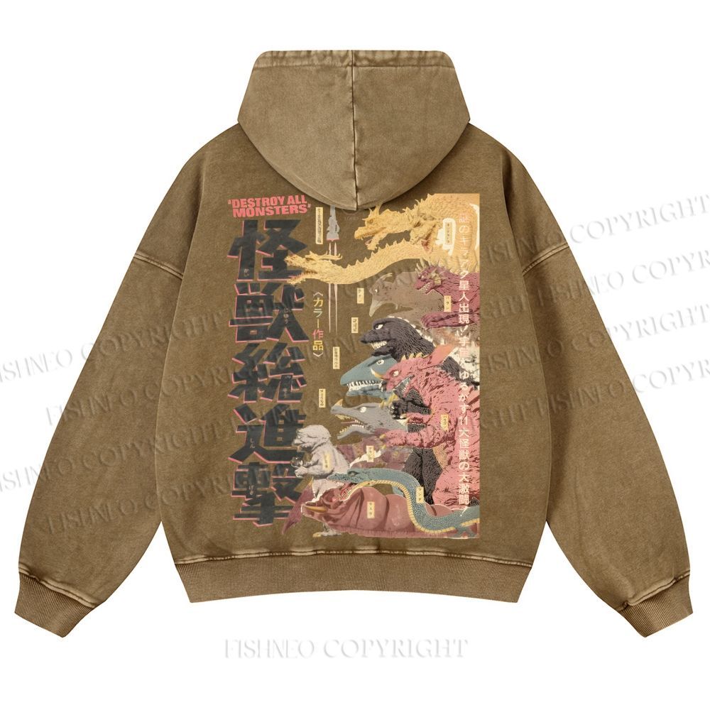 Destroy All Monsters Godzilla Vintage Casual Washed Hoodie