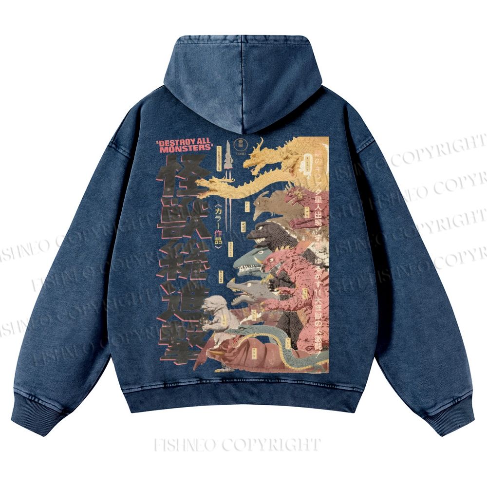 Destroy All Monsters Godzilla Vintage Casual Washed Hoodie