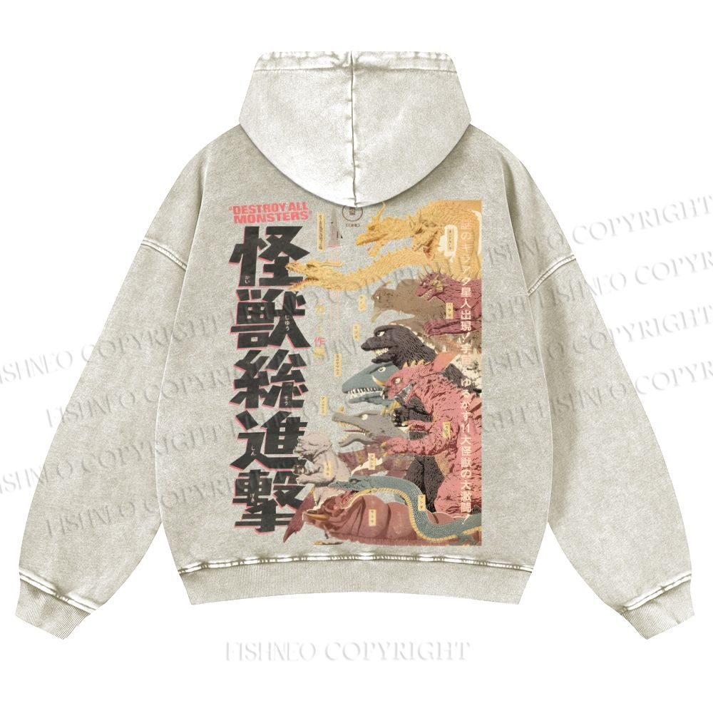 Destroy All Monsters Godzilla Vintage Casual Washed Hoodie