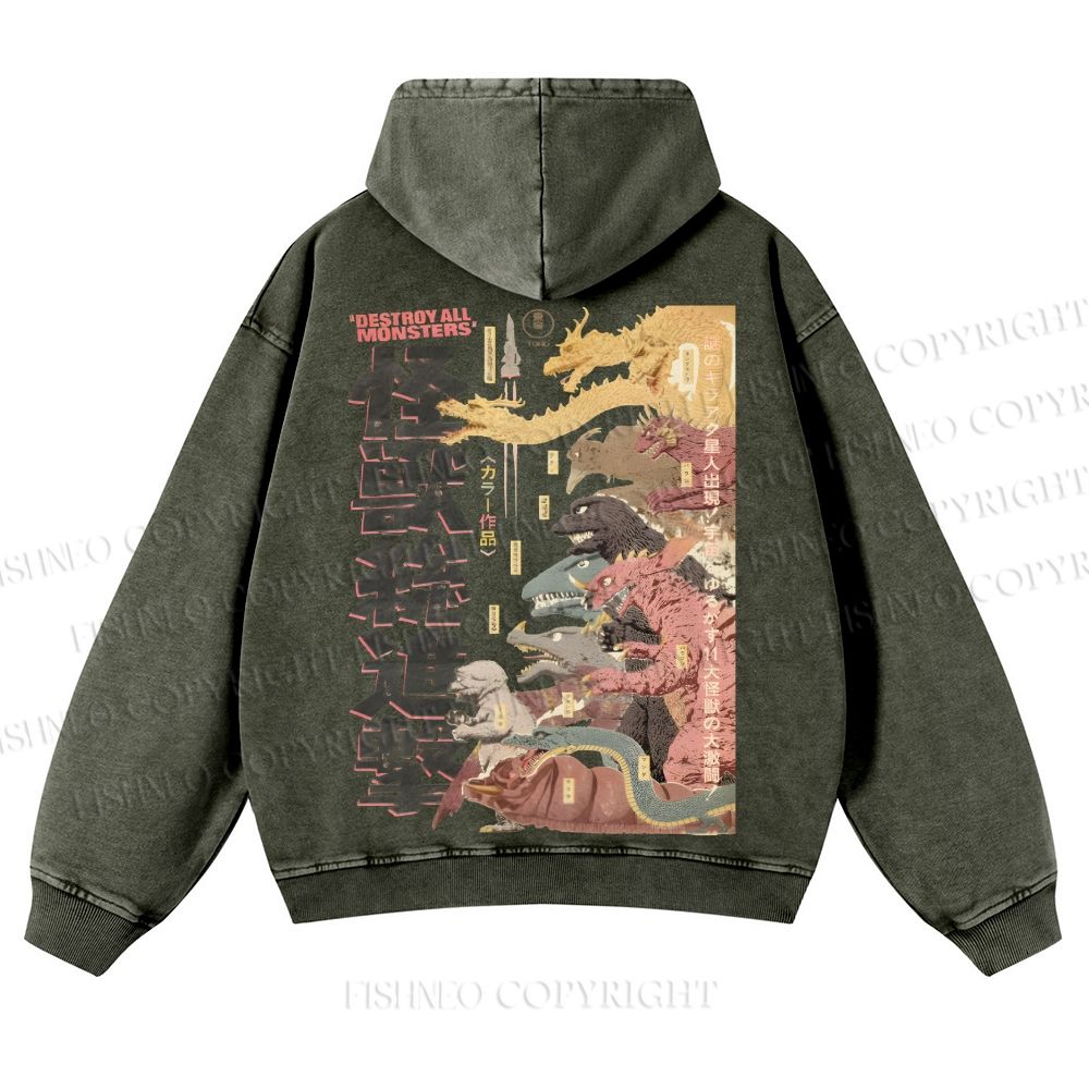 Destroy All Monsters Godzilla Vintage Casual Washed Hoodie