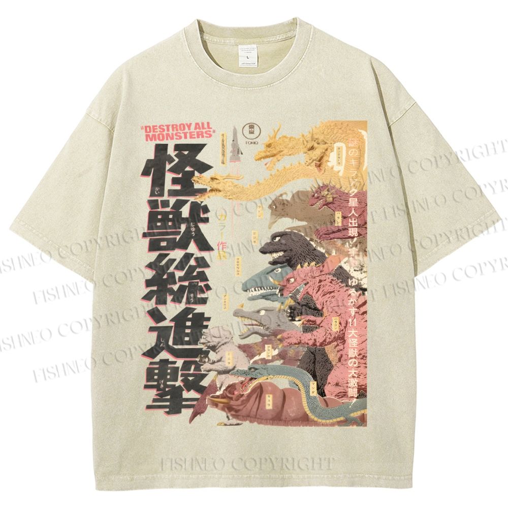Unisex Destroy All Monsters Godzilla Vintage Printed Washed Tee