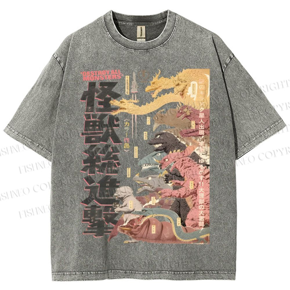 Unisex Destroy All Monsters Godzilla Vintage Printed Washed Tee