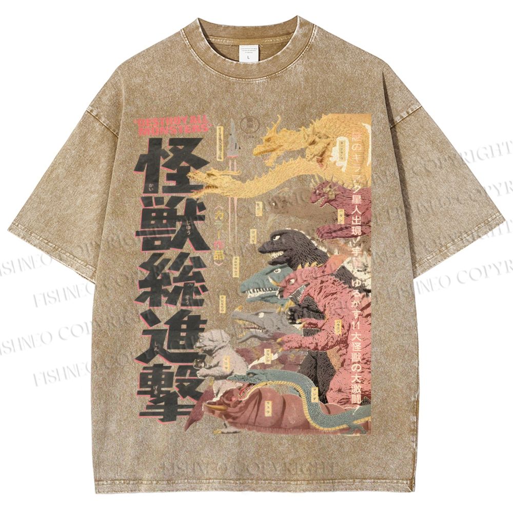 Unisex Destroy All Monsters Godzilla Vintage Printed Washed Tee