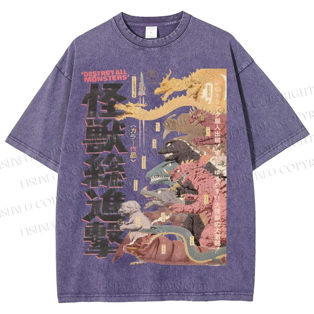 Unisex Destroy All Monsters Godzilla Vintage Printed Washed Tee