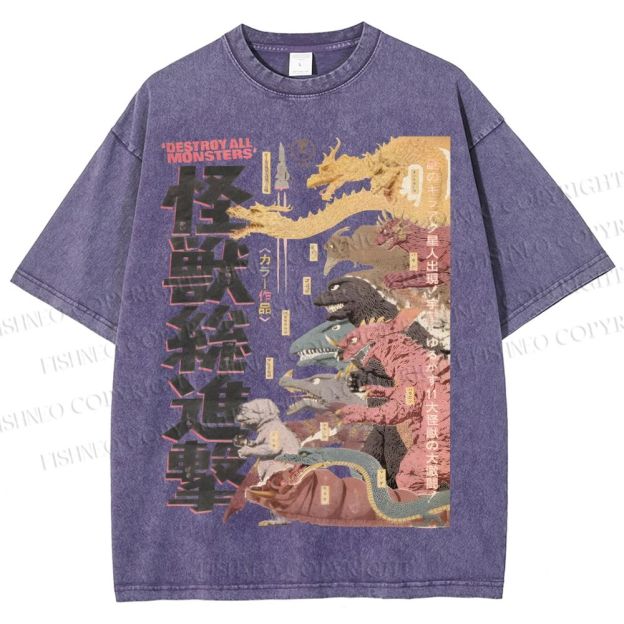 Unisex Destroy All Monsters Godzilla Vintage Printed Washed Tee