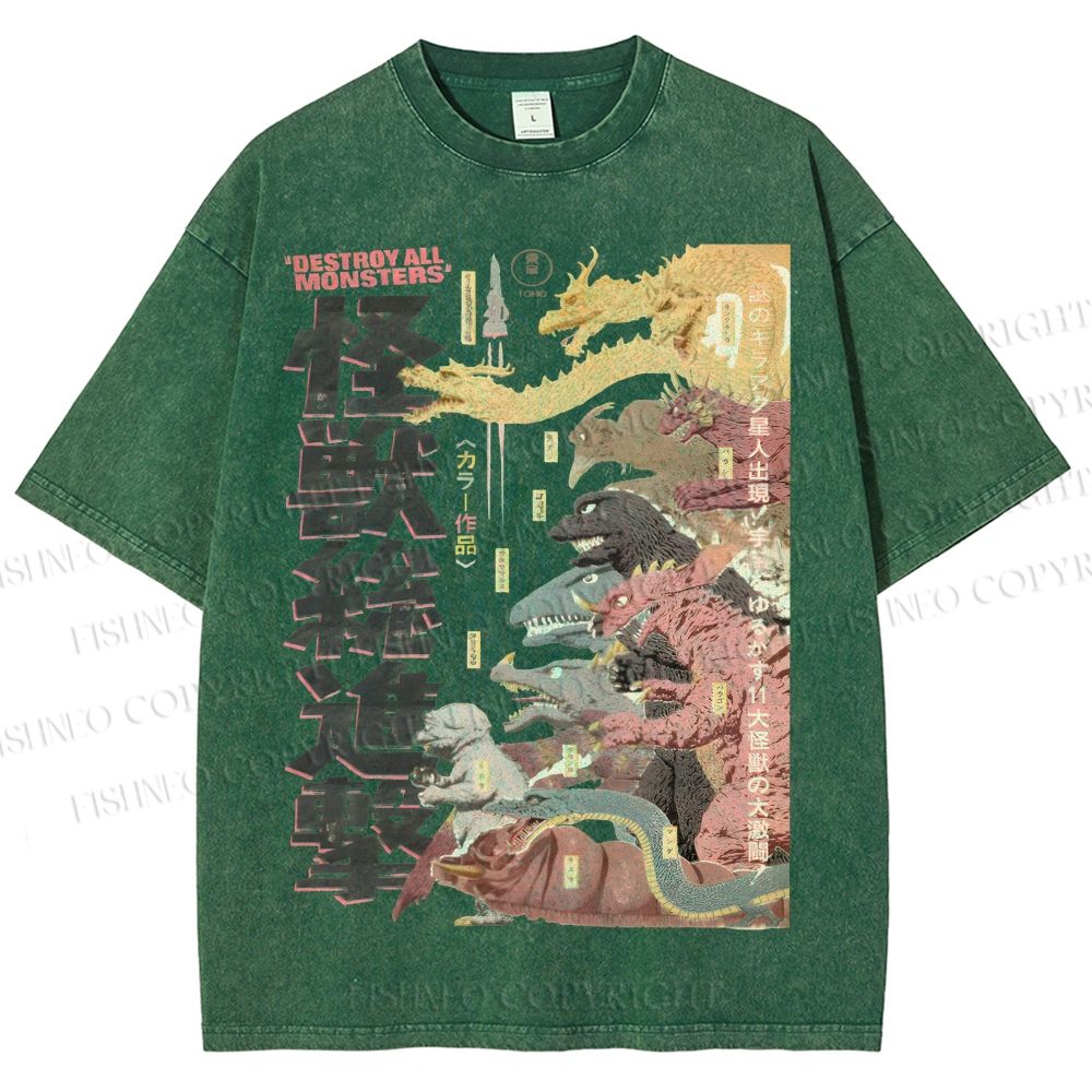 Unisex Destroy All Monsters Godzilla Vintage Printed Washed Tee