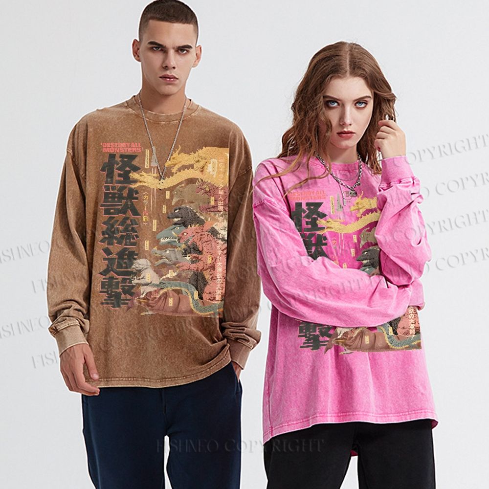 Unisex Casual Washed Destroy All Monsters Godzilla Vintage Printed Long Sleeve
