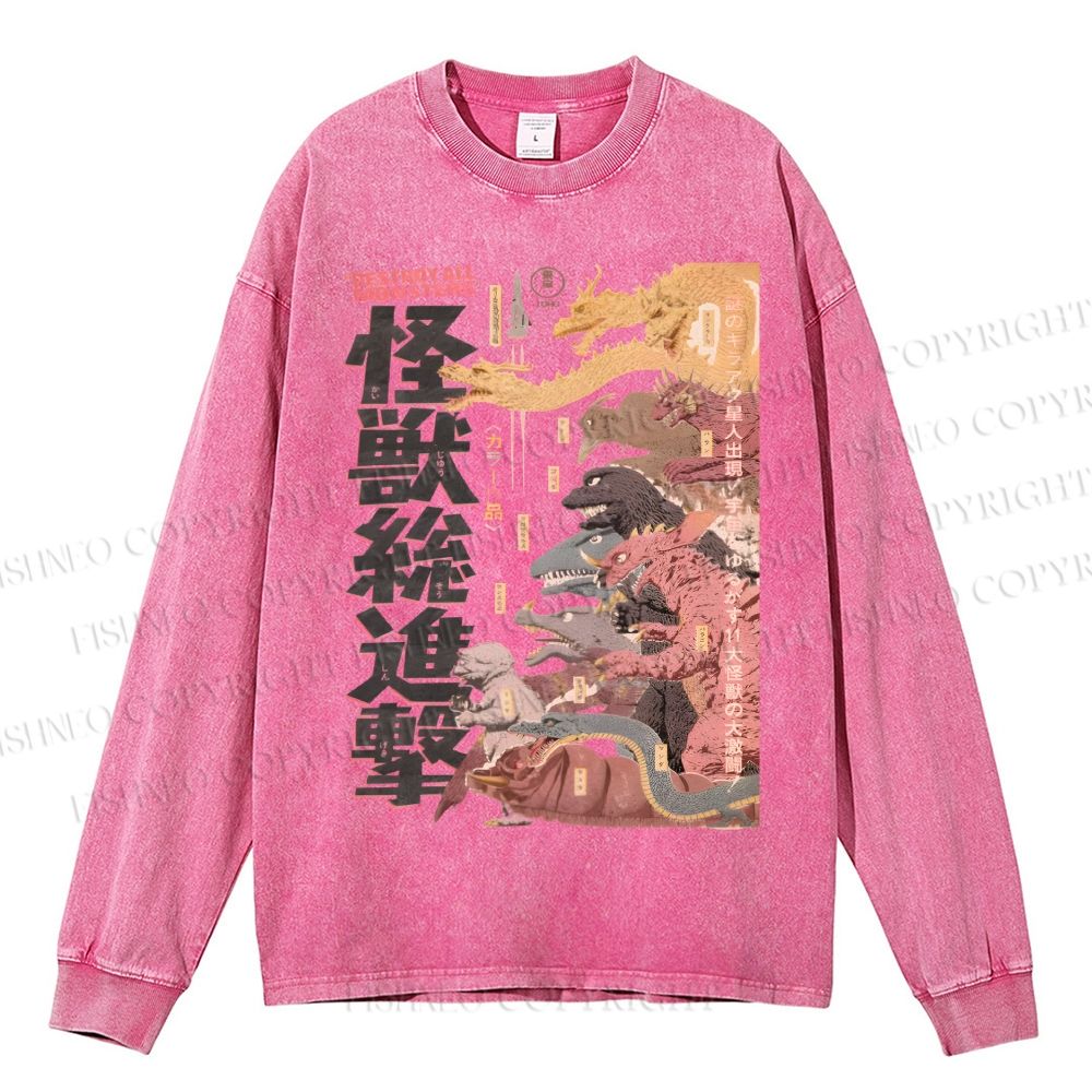 Unisex Casual Washed Destroy All Monsters Godzilla Vintage Printed Long Sleeve