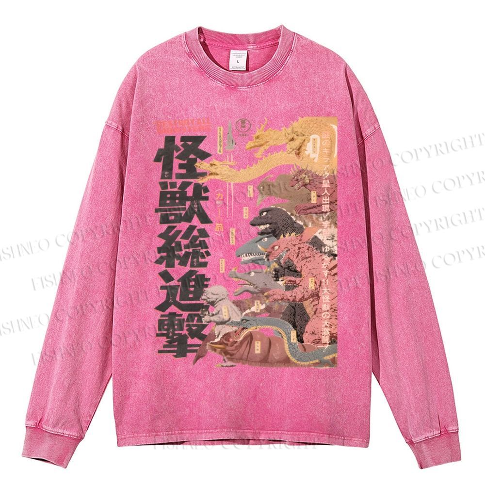 Unisex Casual Washed Destroy All Monsters Godzilla Vintage Printed Long Sleeve