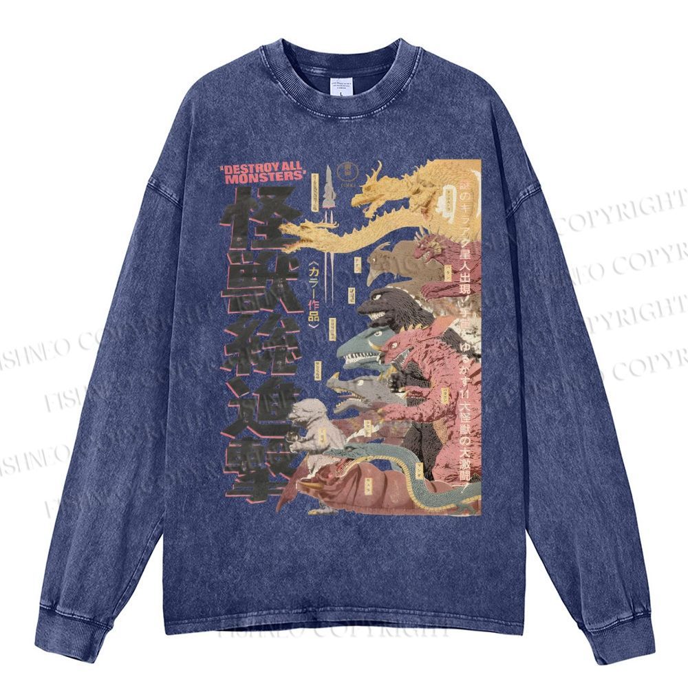 Unisex Casual Washed Destroy All Monsters Godzilla Vintage Printed Long Sleeve