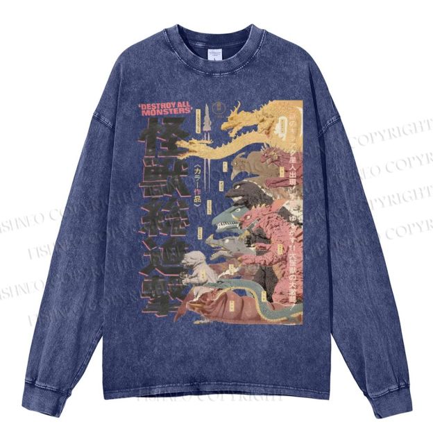 Unisex Casual Washed Destroy All Monsters Godzilla Vintage Printed Long Sleeve