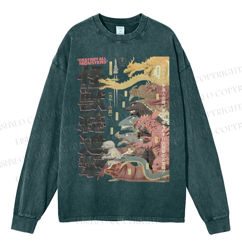Unisex Casual Washed Destroy All Monsters Godzilla Vintage Printed Long Sleeve