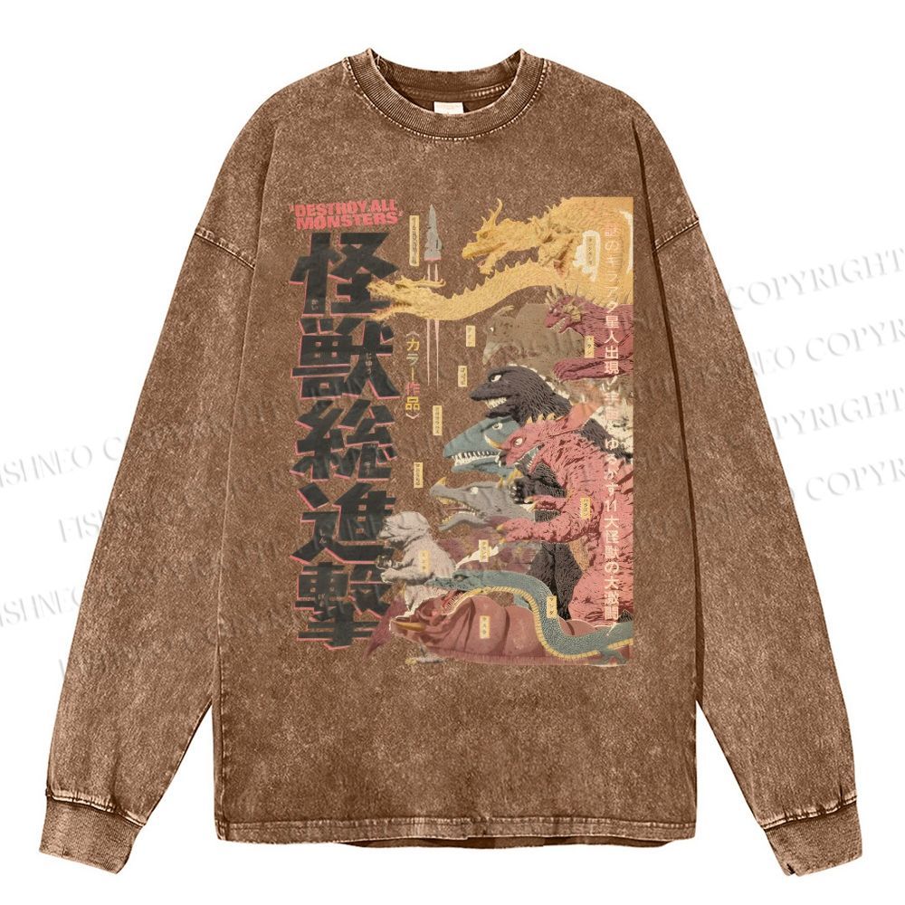 Unisex Casual Washed Destroy All Monsters Godzilla Vintage Printed Long Sleeve