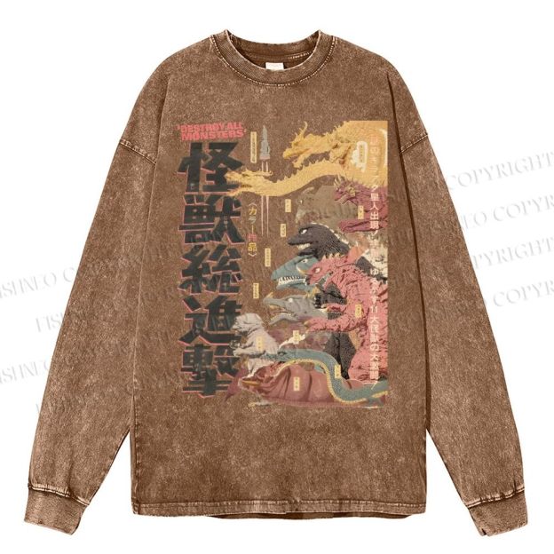 Unisex Casual Washed Destroy All Monsters Godzilla Vintage Printed Long Sleeve