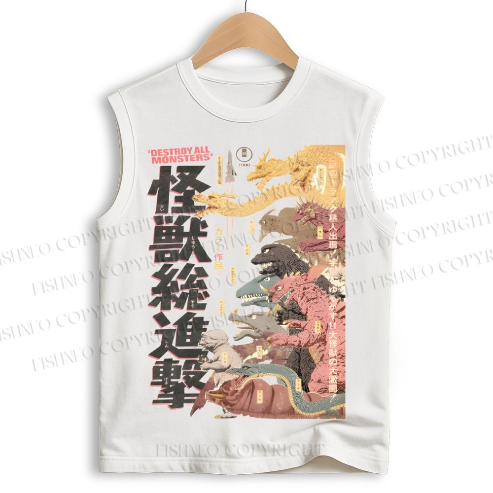 Unisex Destroy All Monsters Godzilla Vintage Printed Cotton Tank Top