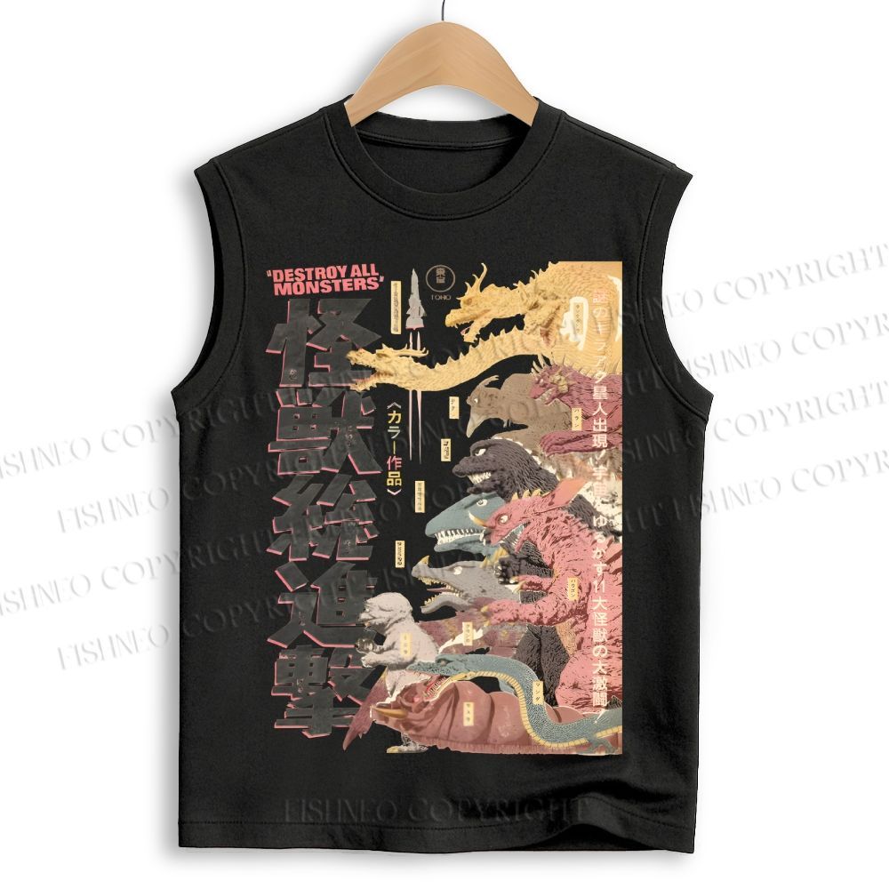 Unisex Destroy All Monsters Godzilla Vintage Printed Cotton Tank Top