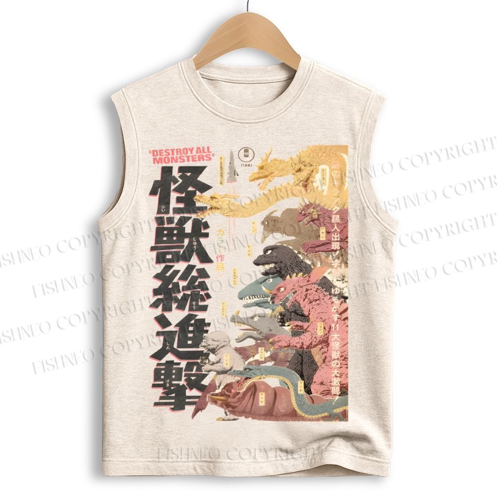 Unisex Destroy All Monsters Godzilla Vintage Printed Cotton Tank Top